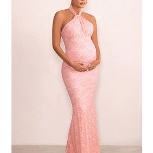 Blush Pink Club London Halter Lace Maxi Maternity Dress with Keyhole Cutout